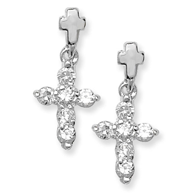 Sterling Silver Cubic Zirconia Cross Drop Earrings