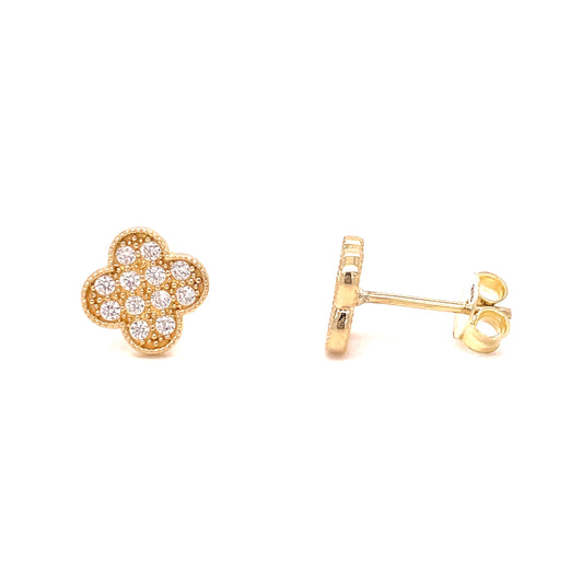 9ct Yellow Gold Pave CZ Clover Earrings