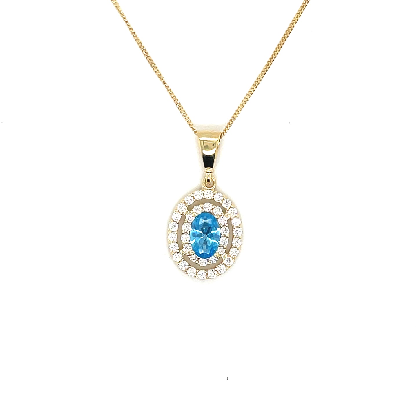 9ct Yellow Gold Oval Blue Topaz Colour Pendant with CZ Halo