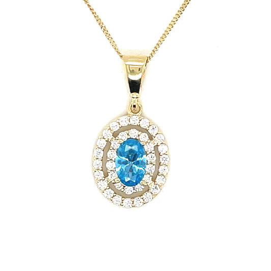 9ct Yellow Gold Oval Blue Topaz Colour Pendant with CZ Halo