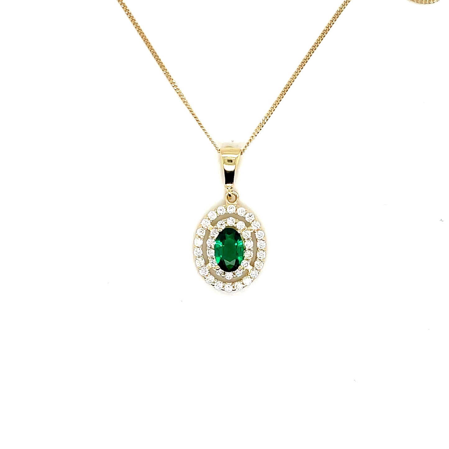 9ct Yellow Gold Oval Emerald Pendant with CZ Halo