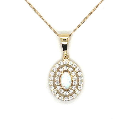 9ct Yellow Gold Oval Opal Pendant with CZ Halo