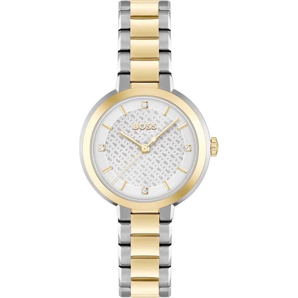 Ladies Two Tone Hugo Boss Sena Round Silver Face Gold Baton Watch