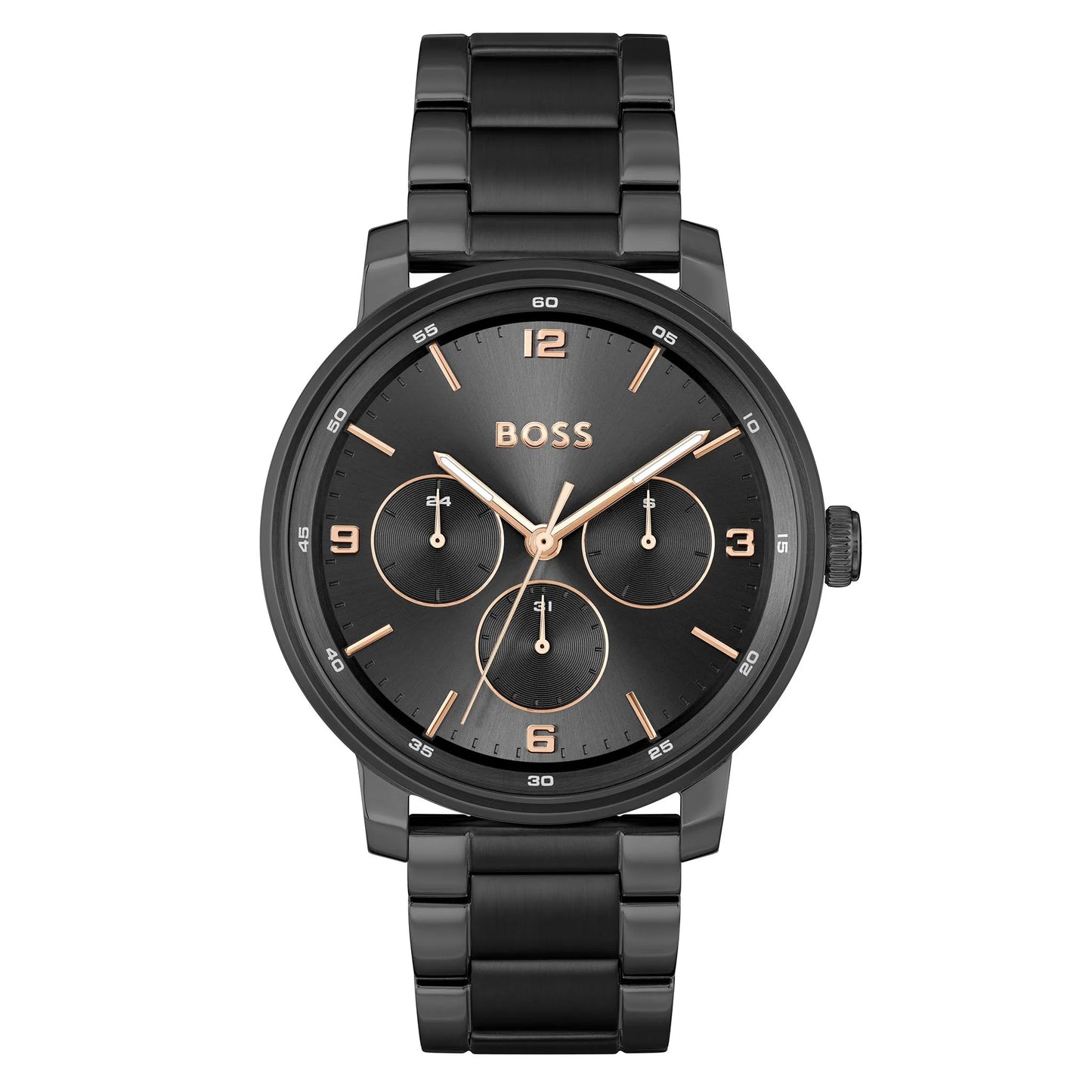 Gents Black Steel Hugo Boss Contender Chronograph Rose Baton Watch