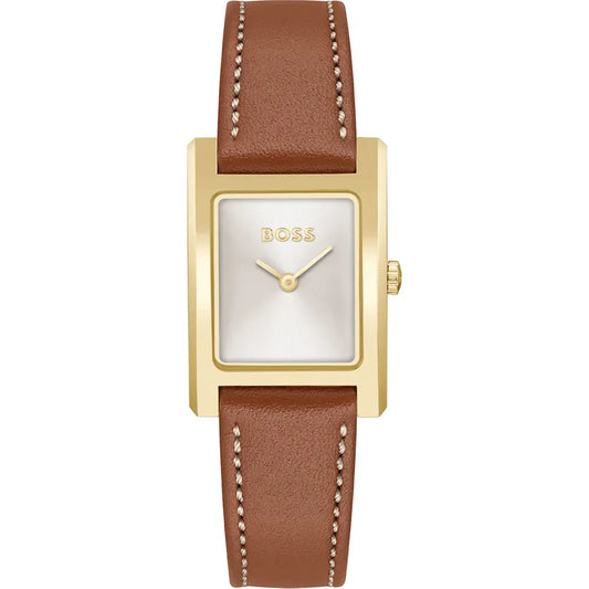 Ladies Rolled Gold Hugo Boss Lucy Square Dial With Brown Leather Strap
