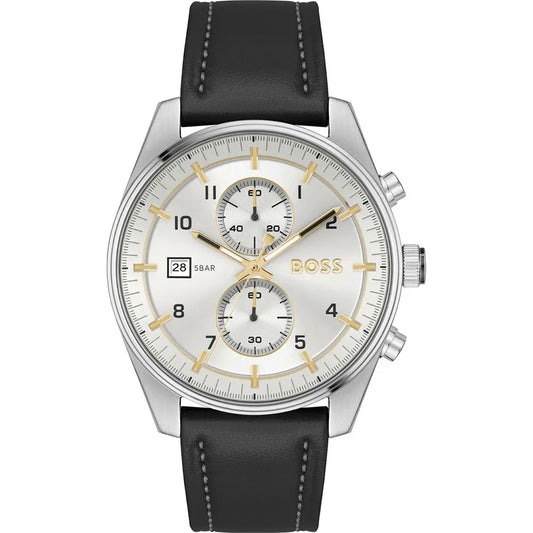 Gents Stainless Steel Hugo Boss Skytraveller White Chronograph With Black Strap Watch