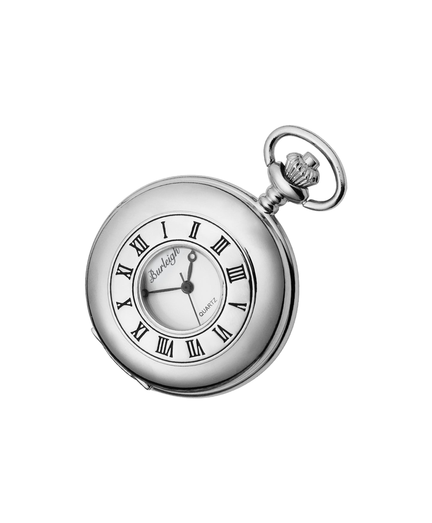 Gents Stainless Steel Pocket Watch With Open Window Roman Numerals and White Dial