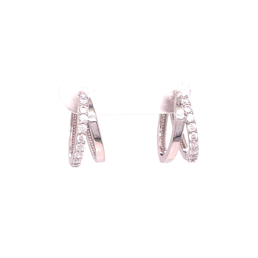 9ct White Gold Half Polished/Half CZ Double Hoop Earrings