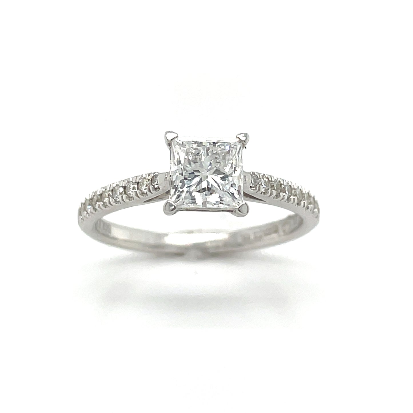 9ct White Gold Princess Cut Solitaire Cultured Diamond Ring with Diamond Set Shoulders 1.00ct