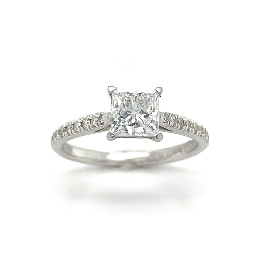 9ct White Gold Princess Cut Solitaire Diamond Ring with Diamond Set Shoulders 1.00ct