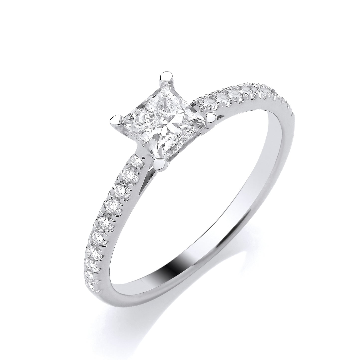 9ct White Gold Princess Cut Solitaire Cultured Diamond Ring with Diamond Set Shoulders 1.00ct