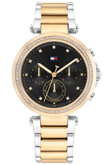 Ladies Two Tone Tommy Hilfiger Emily Black Chronograph Stone Set Bezel Watch