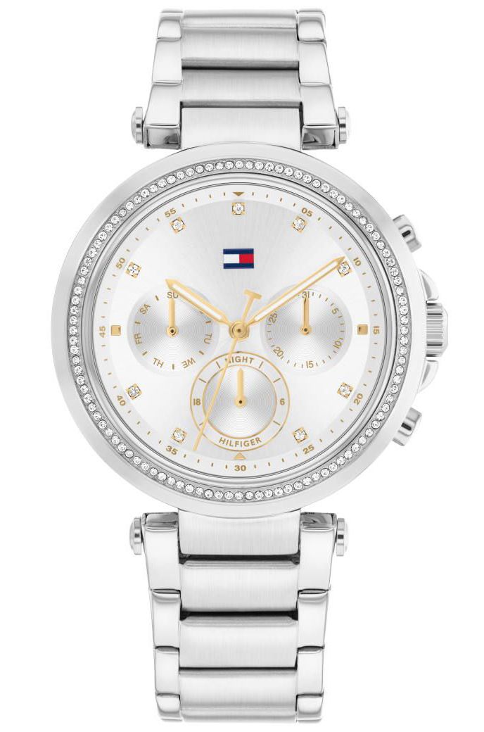 Ladies Stainless Steel Tommy Hilfiger Emily Silver Chronograph Stonr Set Bezel Watch