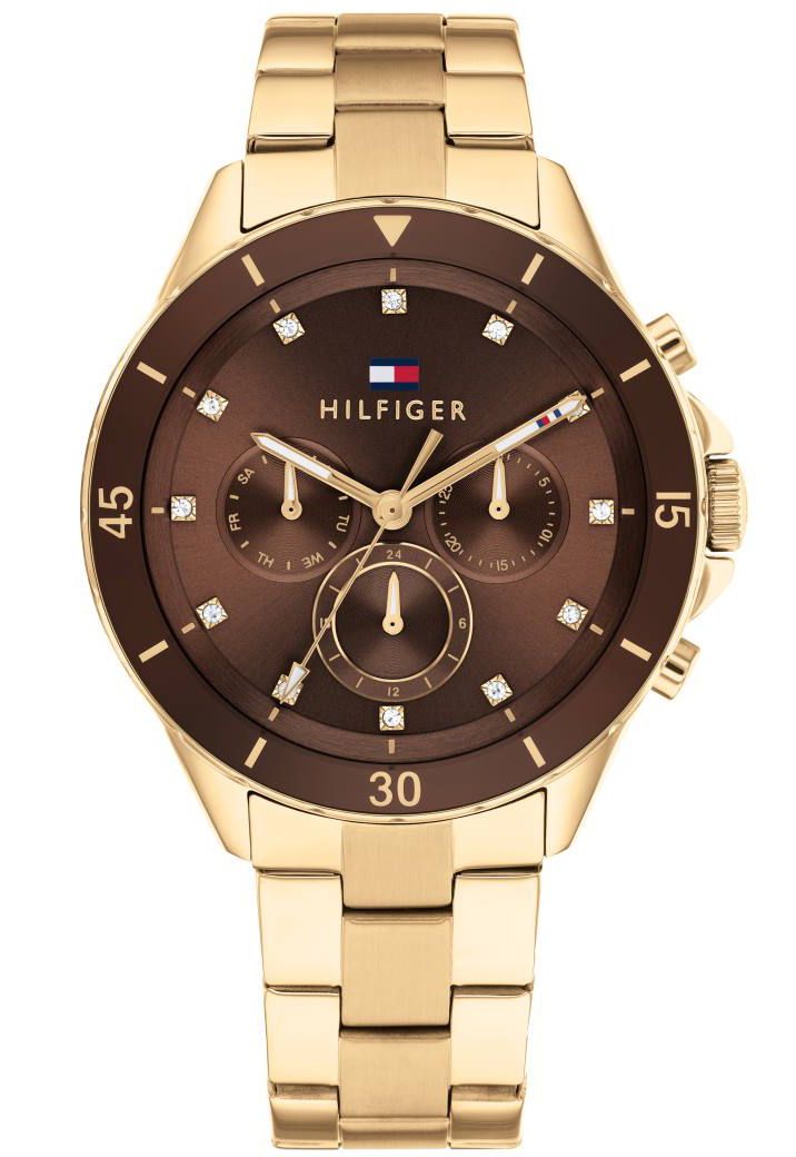 Ladies Rolled Gold Tommy Hilfiger Mellie Brown Chronograph Stone Set Dot Dial Watch