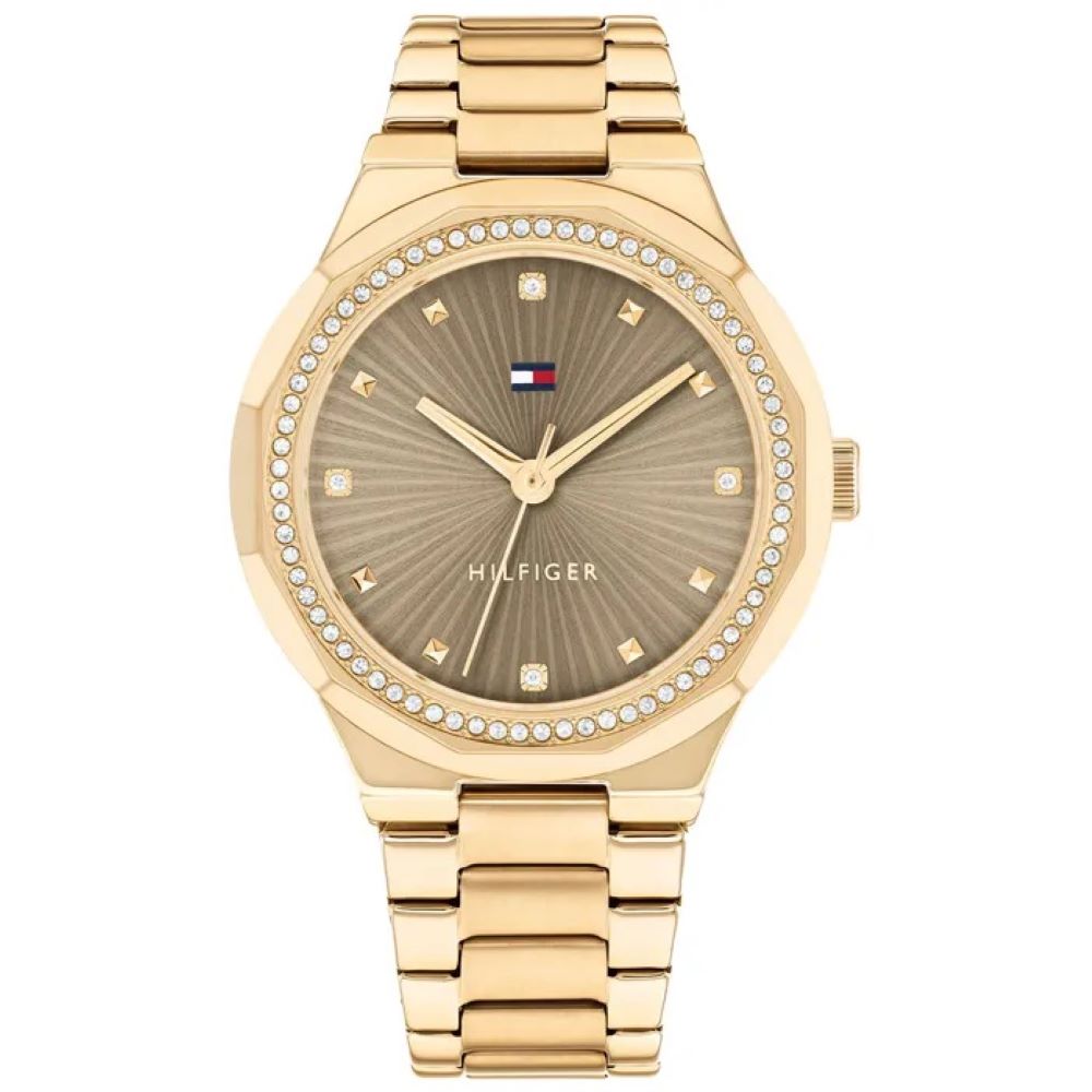 Ladies Rolled Gold Tommy Hilfiger Piper Stone Set Bezel and Dot Dial Watch