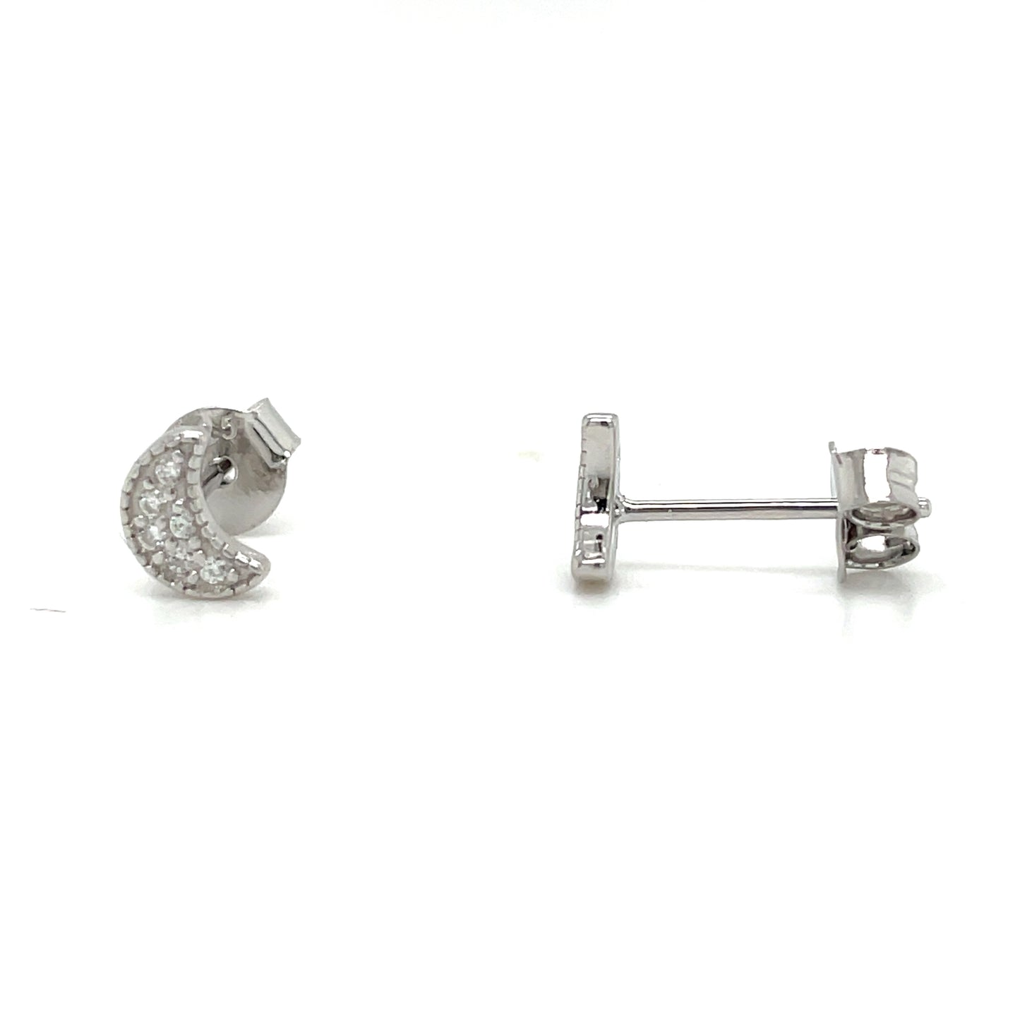 Sterling Silver Pave CZ Moon Stud Earrings
