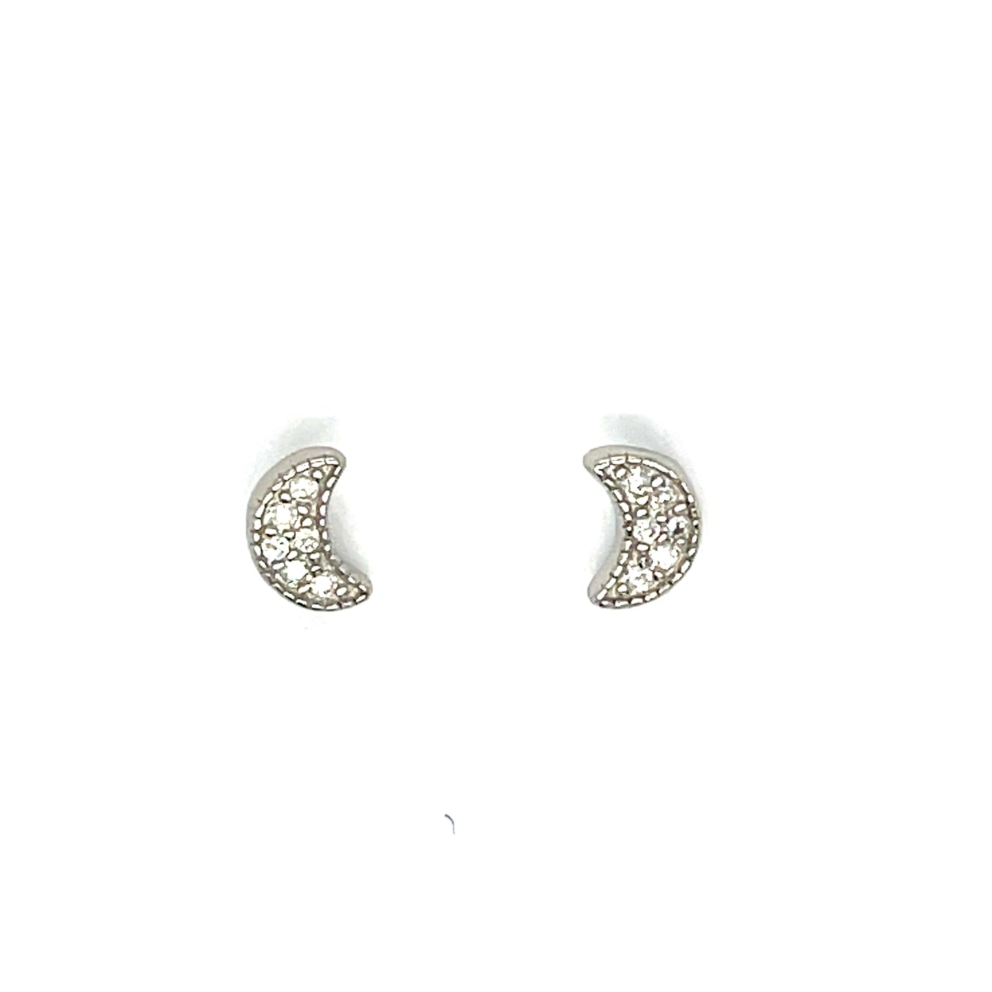 Sterling Silver Pave CZ Moon Stud Earrings