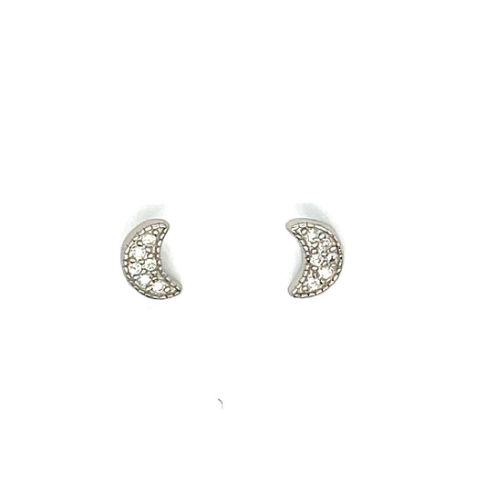 Sterling Silver Pave CZ Moon Stud Earrings