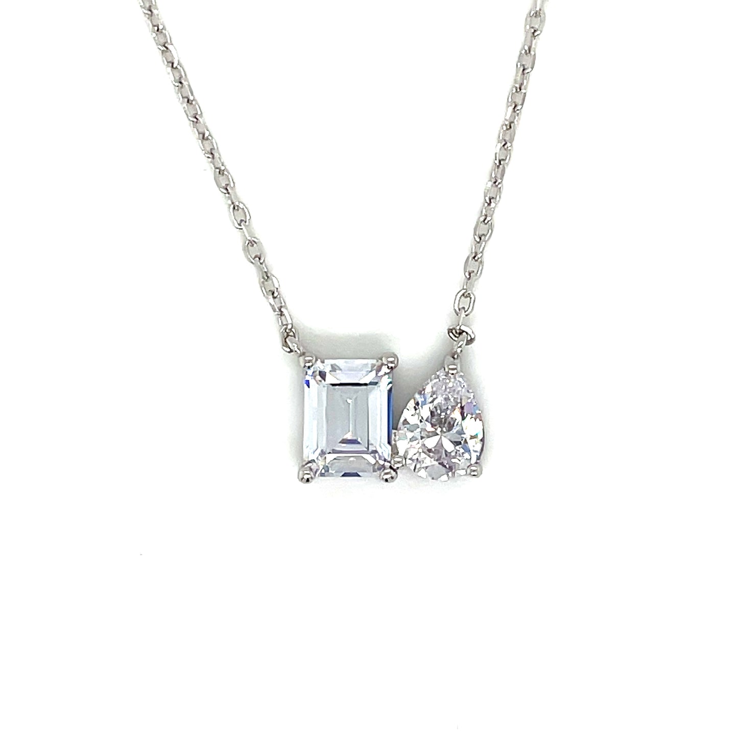 Sterling Silver Moi Et Toi Emerald and Pear cut Necklet