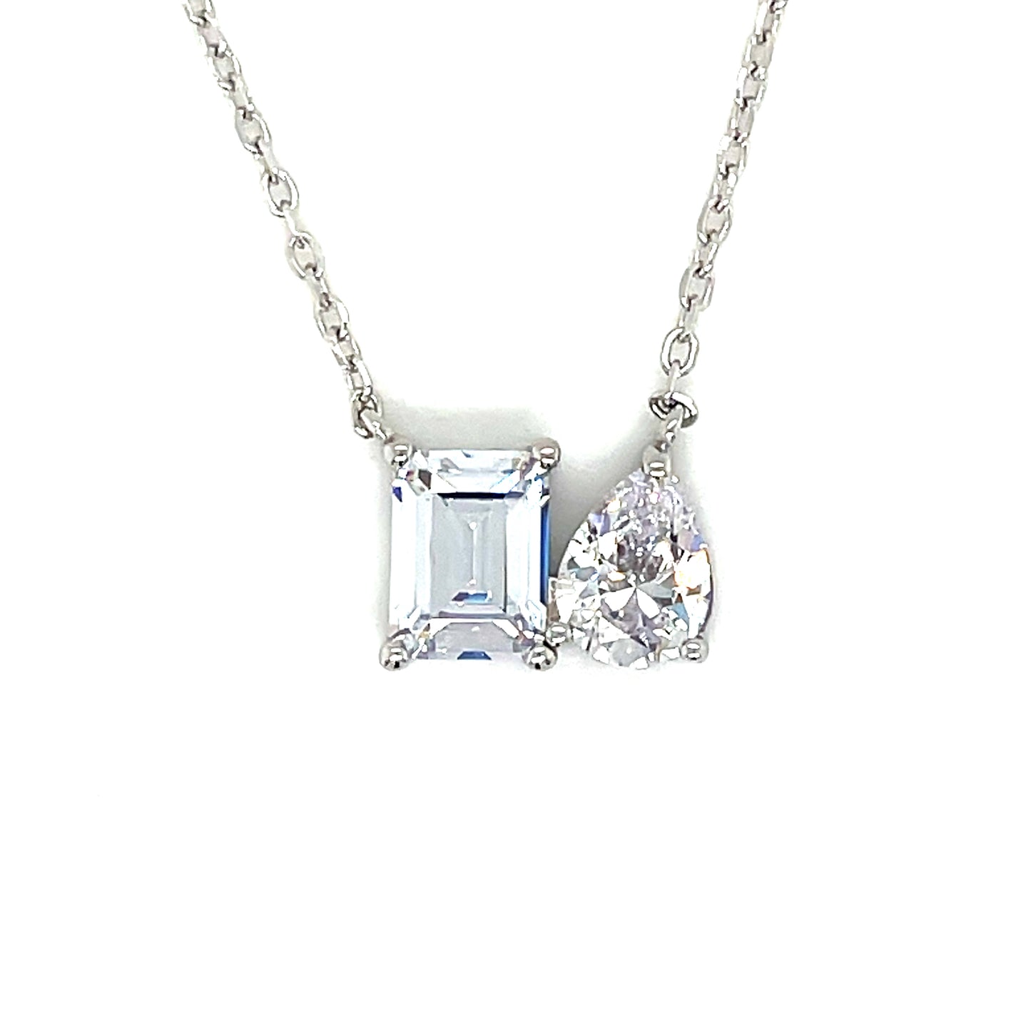 Sterling Silver Moi Et Toi Emerald and Pear cut Necklet