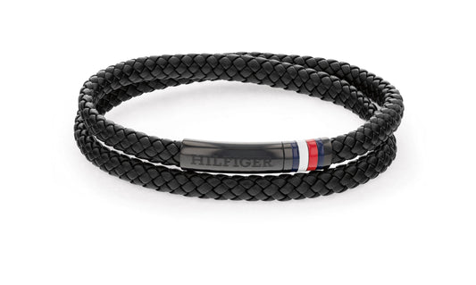 Tommy Hilfiger Black Leather Bracelet with Stainless Steel Clasp