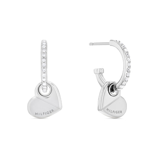 Tommy Hilfiger Stainless Steel CZ Hoop Earring with Drop Heart