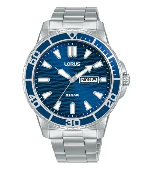 Gents Stainless Steel Lorus Blue Bezel And Dial Dated Watch
