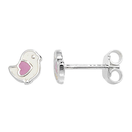 Sterling Silver Kids Pink And White Enamel Stud Earrings