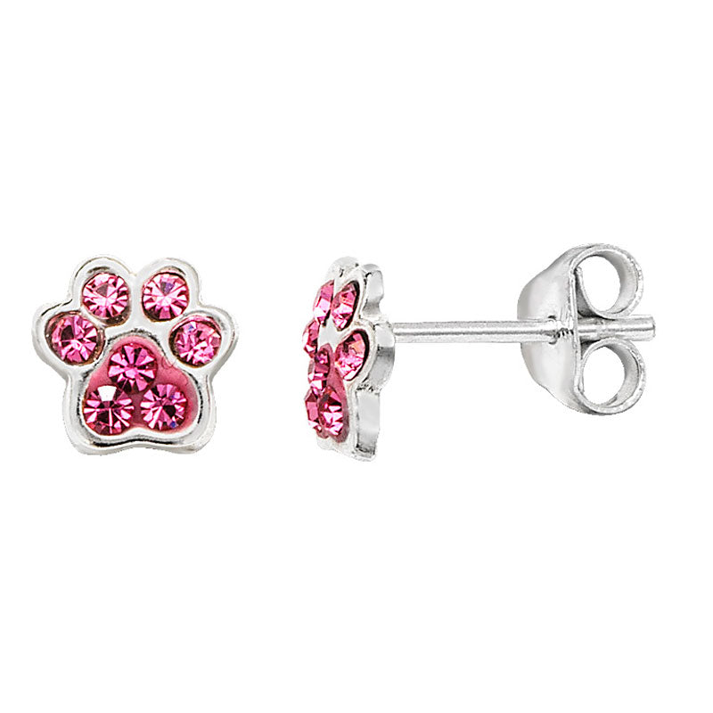 Sterling Silver Kids Pink Cubic Zirconia Paw Stud Earrings