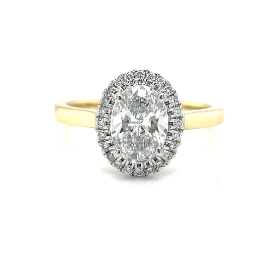 9ct Yellow Gold Oval Solitaire Cultured Diamond Ring with Diamond Set Halo 1.10ct