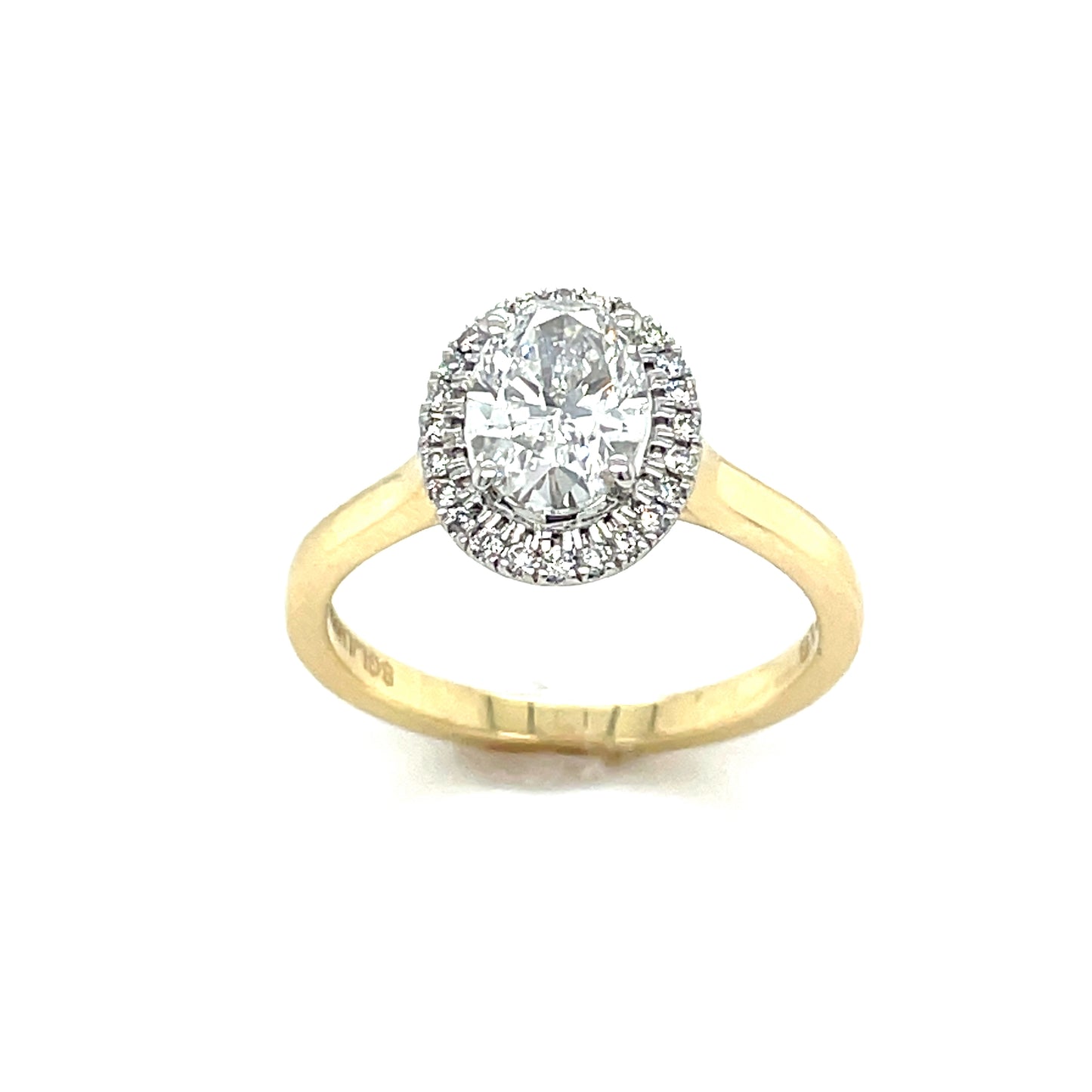 9ct Yellow Gold Oval Solitaire Cultured Diamond Ring with Diamond Set Halo 1.10ct