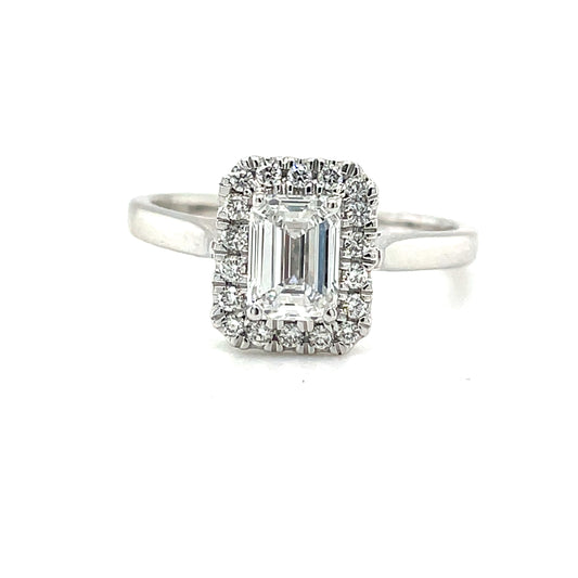 9ct White Emerald Cut Halo Solitaire Diamond Ring 1.00ct