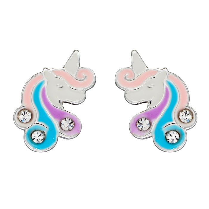 Sterling Silver Kids White Enamel Unicorn With Multicoloured Hair Earrings