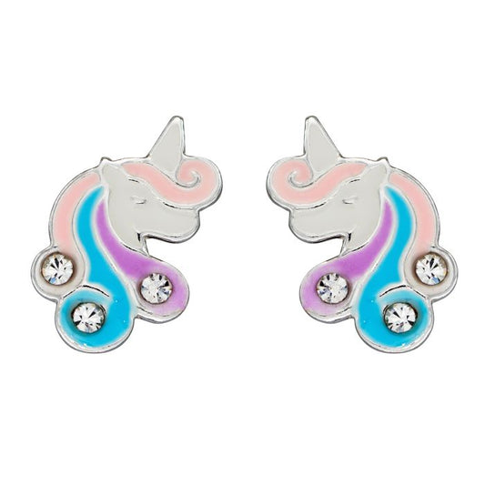 Sterling Silver Kids White Enamel Unicorn With Multicoloured Hair Earrings