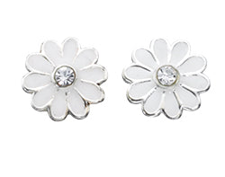 Sterling Silver Kids White Enamel Cubic Zirconia Daisy Stud Earrings
