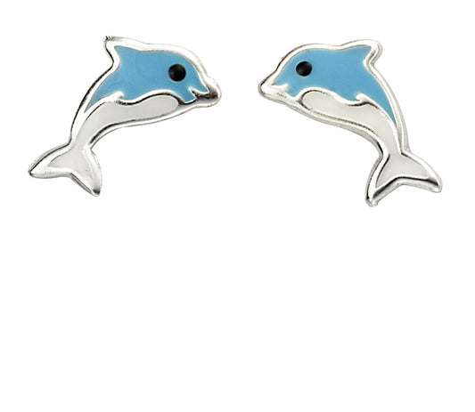 Sterling Silver Kids Enamel Blue & White Dolphin Stud Earrings