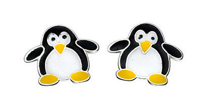 Sterling Silver Kids Enamel Penguin Stud Earrings