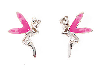 Sterling Silver Kids Fairy With Pink Enamel Wings Stud Earrings