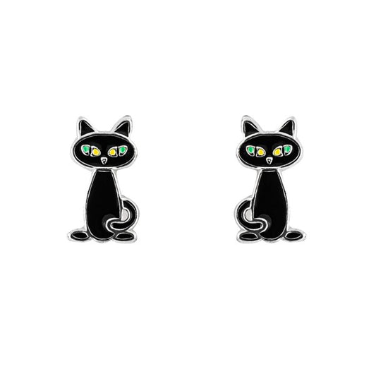 Sterling Silver Kids Enamel Black Cat Stud Earrings