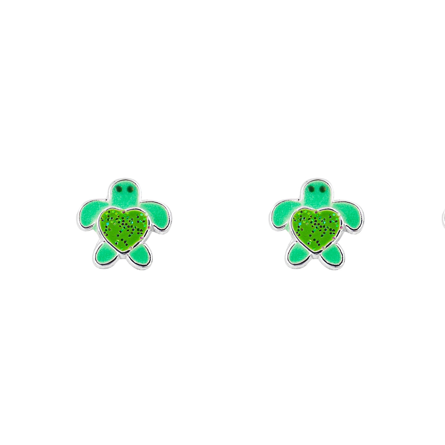 Sterling Silver Kids Cubic Zirconia and Enamel Green Turtle Earrings