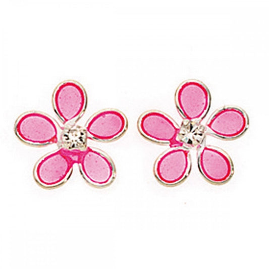 Sterling Silver Kids Resin Pink Flower Stud Earrings