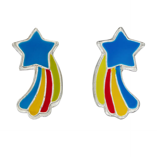 Sterling Silver Kids Enamel Multicoloured Shooting Star Stud Earrings