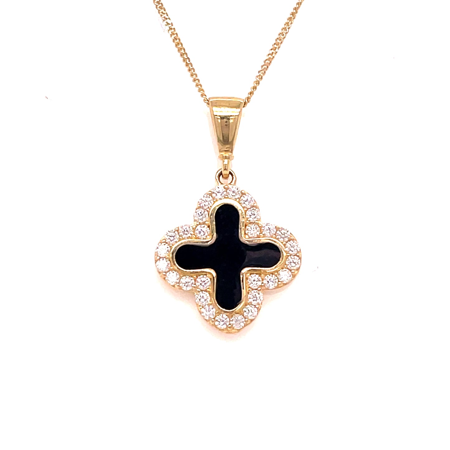9ct Gold Black Enamel and CZ Clover Pendant