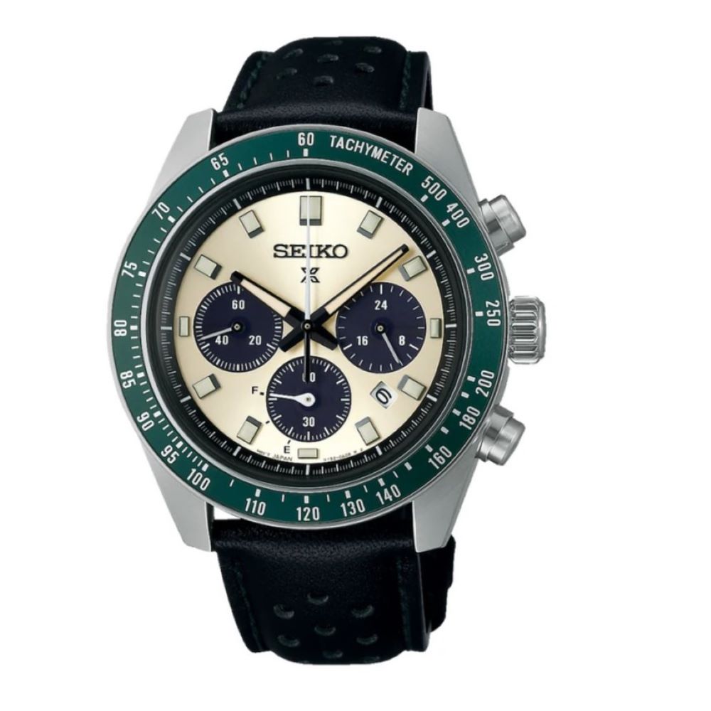 Gents Stainless Steel Seiko Prospex Solar SpeedTimer With Ivory and Green Bezel