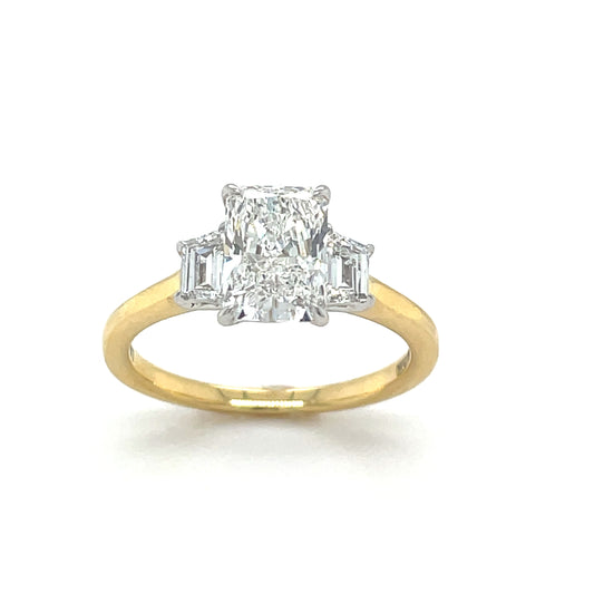 18ct Yellow Gold Radiant Cut Cultured Diamond Ring With Tapered Baguette Cut Shoulders 1.87ct