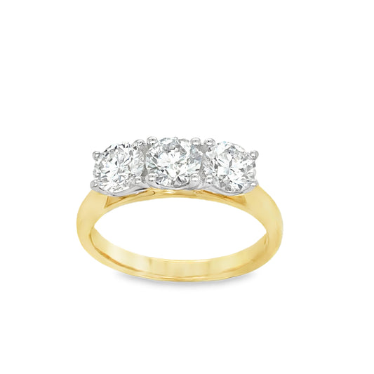 9ct Yellow Gold Three Stone Round Brilliant Four Claw Cultured Diamond Ring 1.50ct