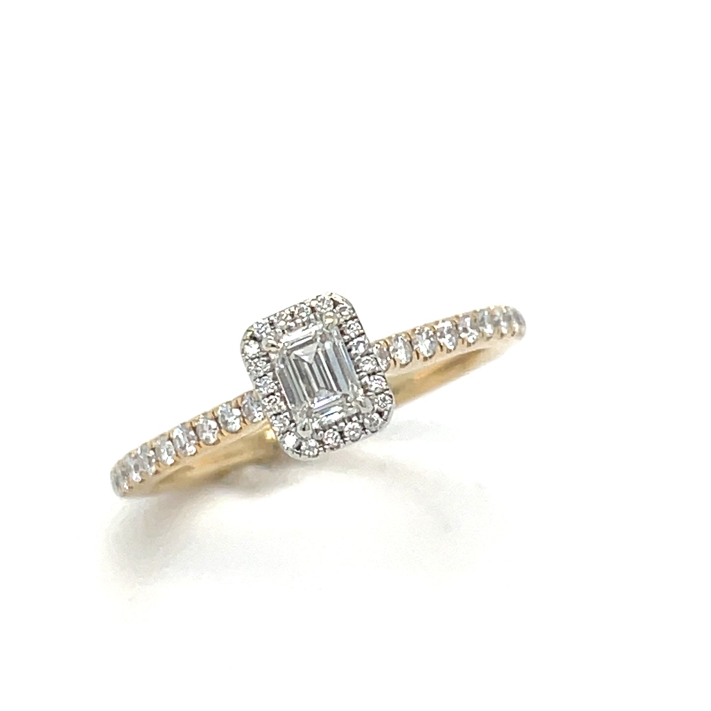 14ct Emerald Cut Halo Ring With Diamond Set Shoulders .30ct