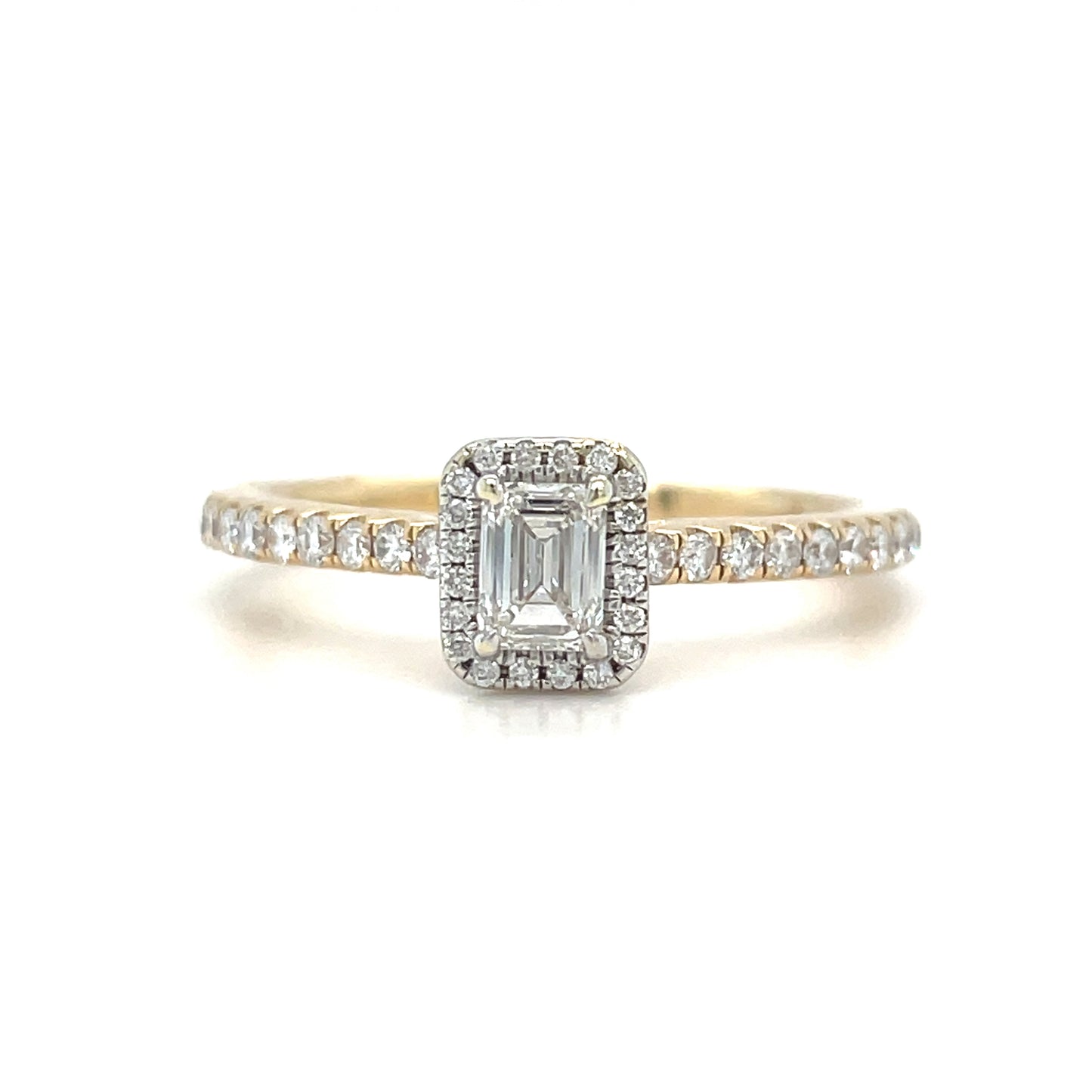 14ct Emerald Cut Halo Ring With Diamond Set Shoulders .30ct
