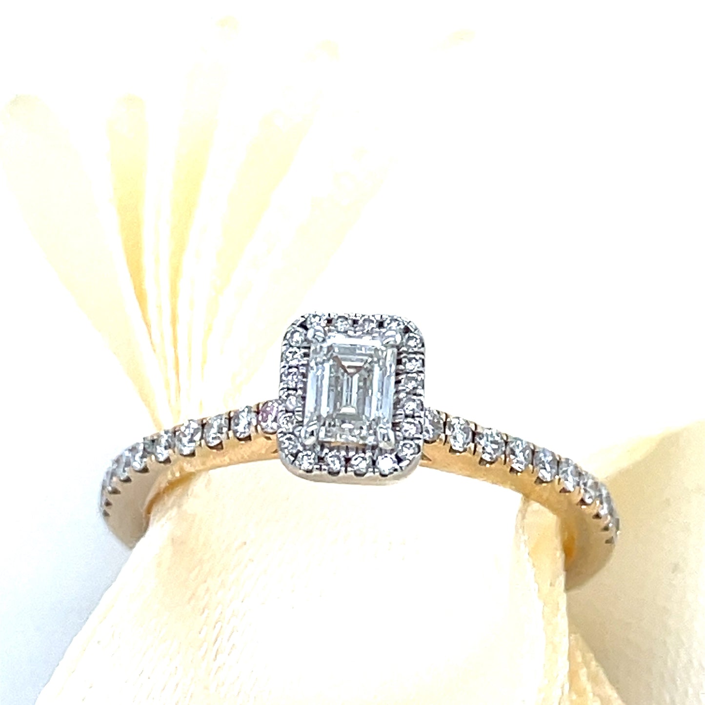 14ct Emerald Cut Halo Ring With Diamond Set Shoulders .30ct