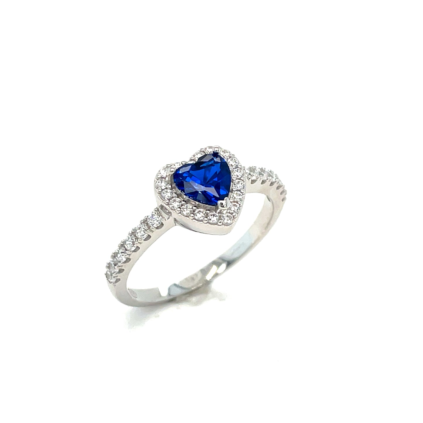 Sterling Silver Dark Blue CZ Heart Ring With CZ Halo